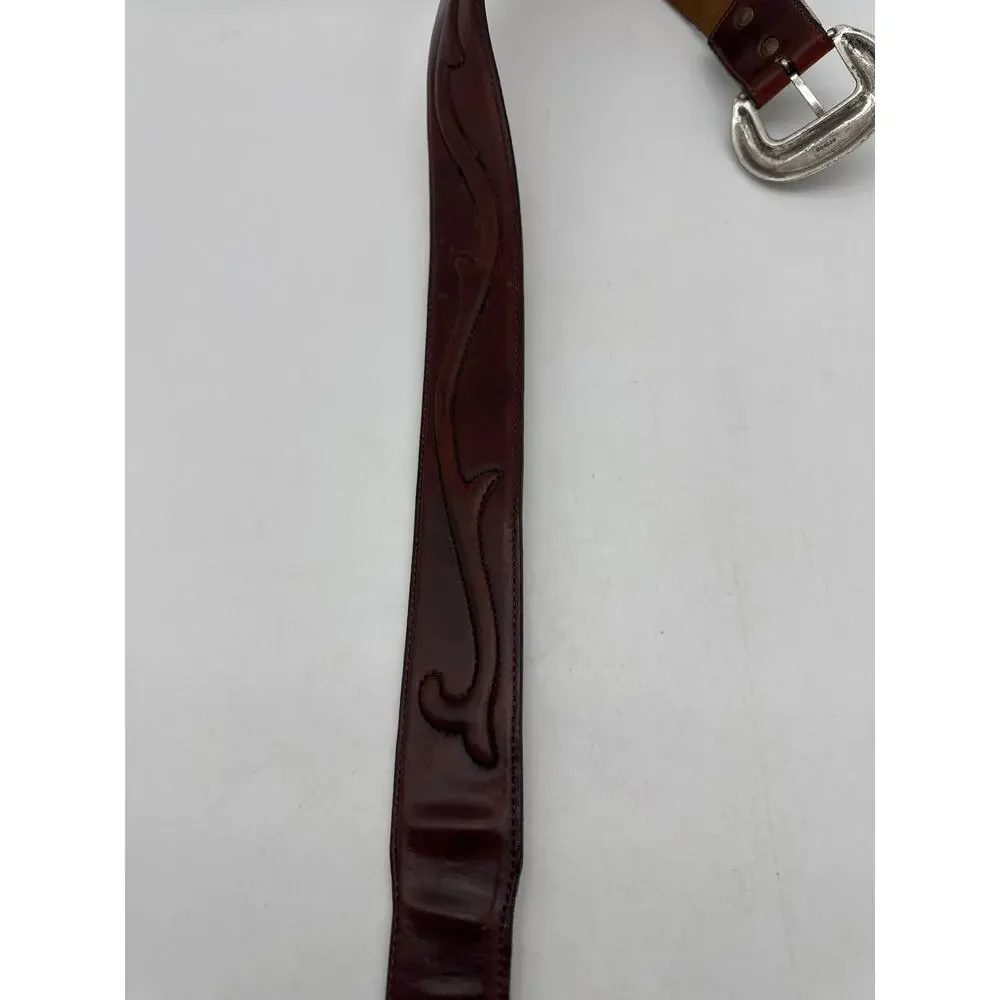 Brighton Embossed Genuine Brown Leather Belt Silver 1993 Buckle 28.5”  USA Made‎